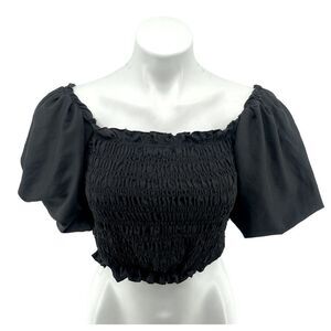 Girl Soul Women’s Black Smocked Off The Shoulder Puff Sleeve Crop Top XL